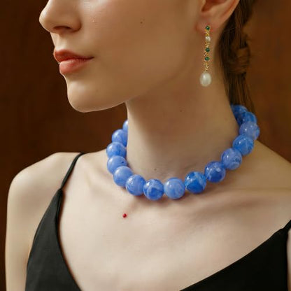 Multicolor Chunky Beaded Necklace, Statement Colorful Round Ball Beads Choker Necklace with Gold-Tone Adjustable Chain, Fashion Bold Neck Jewelry for Women - color: 20MM-Lake Blue