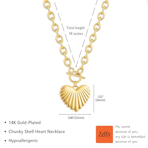 Zeffy 14K Gold/Silver Plated Chunky Thick Chain Toggle Clasp Necklace Dainty Baroque Pearl/Heart/Cross/Turquoise Pendant Necklace - color: Gold Big Shell Heart Necklace