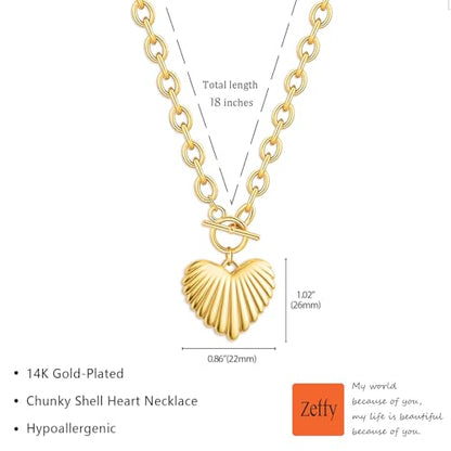 Zeffy 14K Gold/Silver Plated Chunky Thick Chain Toggle Clasp Necklace Dainty Baroque Pearl/Heart/Cross/Turquoise Pendant Necklace - color: Gold Big Shell Heart Necklace
