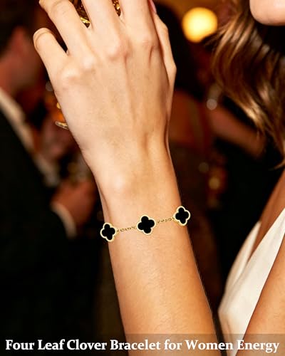 Four Leaf Clover Bracelet for Women 18K Gold Plated Stainless Steel 4 Leaf Link Chain Adjustable Bracelets Lucky Gift for Women/White/Black/Rich Red/Emerald Green/ Navy Blue/Pink Bracelets - color: Black/Gold