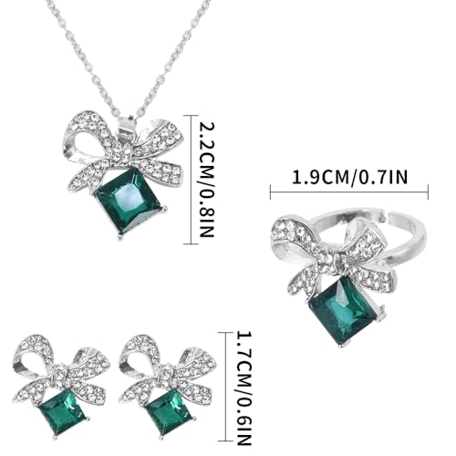 Elegant Jewelry Set Necklace for Women，Adjustable Dainty Cubic Zirconia Trendy Choker Pendant Necklace+Earrings+Ring, Mother's Day Valentine's Day Gifts Pendant Set for Women 3PCS - color: Green bow