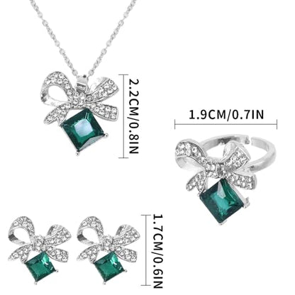 Elegant Jewelry Set Necklace for Women，Adjustable Dainty Cubic Zirconia Trendy Choker Pendant Necklace+Earrings+Ring, Mother's Day Valentine's Day Gifts Pendant Set for Women 3PCS - color: Green bow