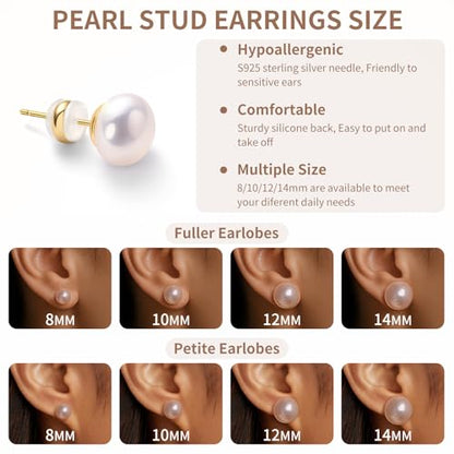 Simulated Pearl Stud Earrings for Women | S925 Sterling Silver Posts, Hypoallergenic Lightweight Classic Elegant Pearl Jewelry Gift, 8/10/12/14mm - color: Pink, size: 8mm