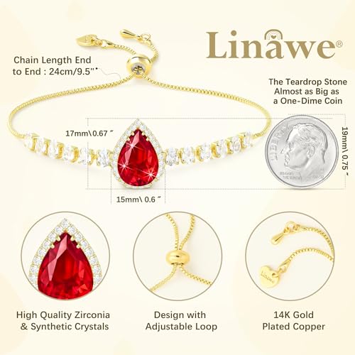 Linawe Crystal Imitation Diamond Rhinestone Charm Bracelets for Women, Gold/Silver/Rose Gold Adjustable Chain Bracelet, Teardrop Birthstone Cubic Zirconia Prom Costume Wedding Jewelry - color: Gold,July