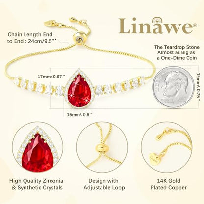 Linawe Crystal Imitation Diamond Rhinestone Charm Bracelets for Women, Gold/Silver/Rose Gold Adjustable Chain Bracelet, Teardrop Birthstone Cubic Zirconia Prom Costume Wedding Jewelry - color: Gold,July