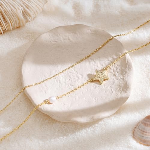 Robaice Anklets for Women, 14K Gold Plated Layered Ankle Bracelets | Waterproof Figaro Link Pearl Anklet, Ankle Bracelets for Women Stackable, Summer Beach Jewelry Gifts Non Tarnish - style: Gold Starfish Anklet