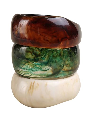 FAXHION Chunky Resin Acrylic Bangle Bracelets for Women, Colorful Wide Geometric Bangles Set, Statement Stackable Bracelet Jewelry Gift - color: Cream Green