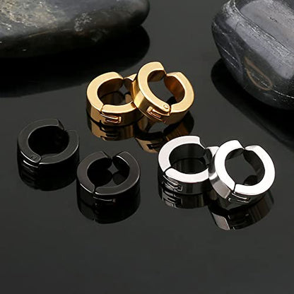 Stainless Steel Mens Womens Clip On Earrings Hoop Huggie Non-Piercing 3 Pairs - color: 3 Pairs(Silver + gold + black)