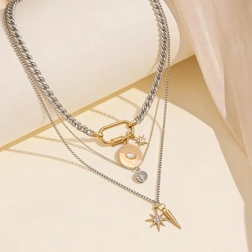 Mixed Metal Stack for Women, Multi Layered Two Tone Gold and Silver Coin Pendant Paperclip Stacked Necklace with Star and Celestial Charms, Chunky Trendy Statement Jewelry Gifts - color: Gold