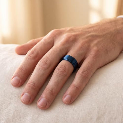 Tungsten Wedding Band Ring Black 10mm Men Women Comfort Fit 18k Rose Gold Step Edge Brushed Polished - color: Blue Tungsten