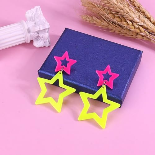 Colorful 80s 90s Neon Star Earrings for Women Retro Glow Party Costume 80s 90s Acrylic Dangle Earrings Outfit - style: Symmetrical Hot Pink and Yellow
