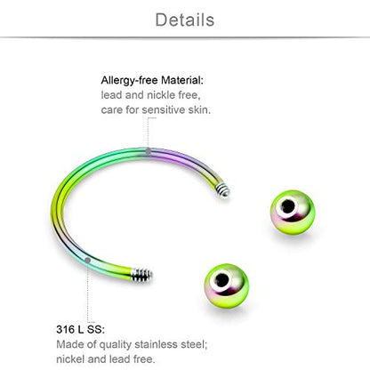 SCERRING 10PCS 20G Stainless Steel Horseshoe Septum Ring Nose Rings Hoop Helix Daith Cartilage Tragus Earrings Eyebrow Body Piercing Jewelry 6-14mm - color: Rainbow