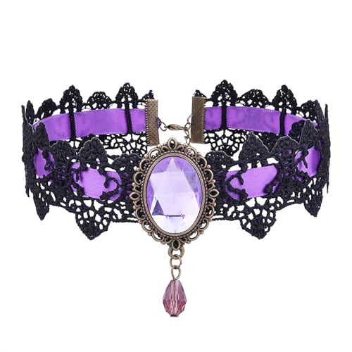Lace Choker Witch Necklace for Women Halloween Gothic Lace Collar Punk Rhinestone Gothic Necklace Prom Jewelry Halloween Vampire Choker Necklace Costume Emo Witch Accessories - color: Purple