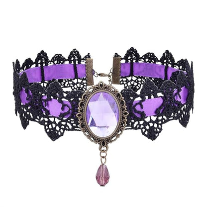 Lace Choker Witch Necklace for Women Halloween Gothic Lace Collar Punk Rhinestone Gothic Necklace Prom Jewelry Halloween Vampire Choker Necklace Costume Emo Witch Accessories - color: Purple