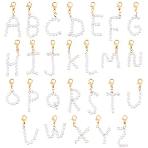 PH PandaHall 26pcs A~Z Pendants Imitated Pearl Charms Alphabet Letter Charms with Golden Alloy Lobster Claw Clasps for Jewelry Bracelet Necklace Making Shoes Deco DIY Crafting, 35~52mm