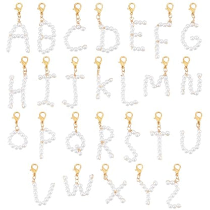 PH PandaHall 26pcs A~Z Pendants Imitated Pearl Charms Alphabet Letter Charms with Golden Alloy Lobster Claw Clasps for Jewelry Bracelet Necklace Making Shoes Deco DIY Crafting, 35~52mm