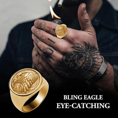 Mens Signet Ring Stainless Steel Lion Eagle Head Statement Rings Jewelry for Men Size 8/9/10/11/12/13 - style: Eagle