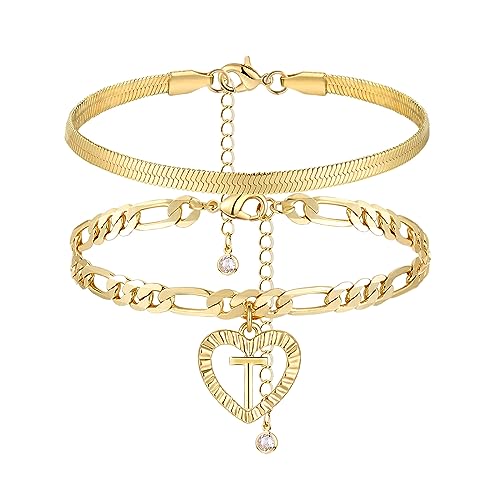 YANODA Gold Ankle Bracelets for Women Waterproof, 14k Gold Plated Layered Snake Anklets Figaro Chain Letter Initial Anklets Handmade Heart Ankle Bracelets Personalized for Women Beach Jewelry Gifts - color: T