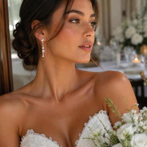 Crysdue Simulated Pearl Earrings for Women, Dainty Silver/Gold/Rose Gold Plated Cubic Zirconia Drop Dangle Earrings Wedding Jewelry for Bride Bridesmaid - style: b_CZ+Pearl, Silver