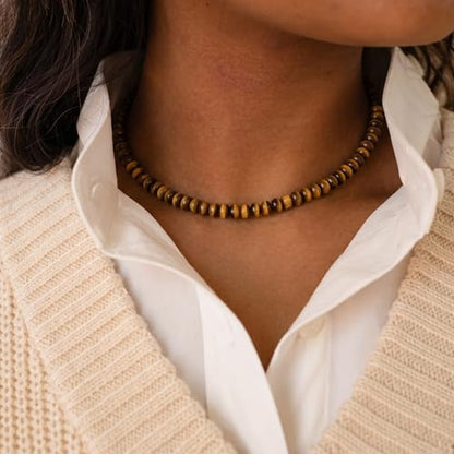 CONRAN KREMIX Colorful Stone Beaded Necklace for Women,Natural Gemstone Bead Choker Necklaces Boho Summer Beach Layering Necklace Jewelry Gift for Women - color: Tiger Eye Stone