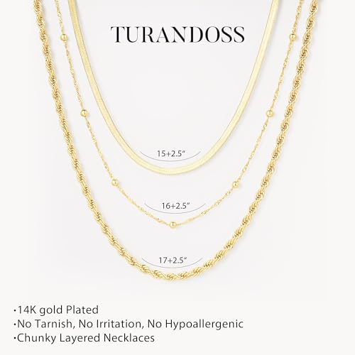 Turandoss Layered Necklaces for Women, 14K Gold Plated Chain Necklace Stack | Non Tarnish Gold Necklaces for Women, Toggle Clasp Herringbone Rope Satellite Cuban Link Chain Necklace, Trendy Jewelry Gifts - color: herringbone+satellite+rope-2