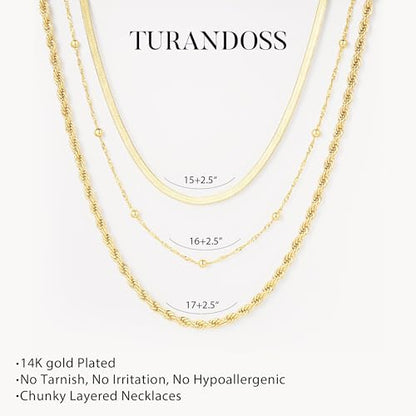 Turandoss Layered Necklaces for Women, 14K Gold Plated Chain Necklace Stack | Non Tarnish Gold Necklaces for Women, Toggle Clasp Herringbone Rope Satellite Cuban Link Chain Necklace, Trendy Jewelry Gifts - color: herringbone+satellite+rope-2