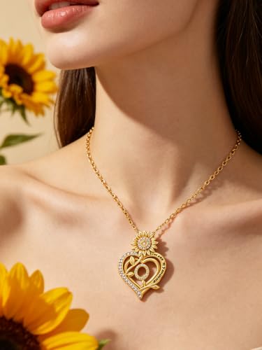 14K Gold Sunflower Initial Necklaces for Women | Heart Letter Pendant You Are My Sunshine Jewelry Gifts - style: O