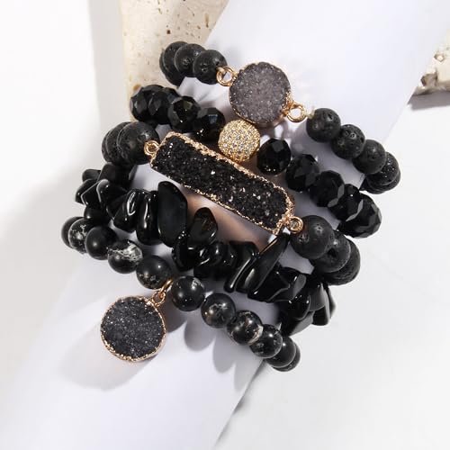 Yomisa 5PCS 6PCS Natural Boho Beaded Bracelets/Bangle for Women Men,Healing Turquoise Jasper Agate Crystal Gemstone Stone Chakra Multilayer Wrap Bohemian Handmade Jewelry Beads Stretch Bracelet Set - color: 5PCS-Black