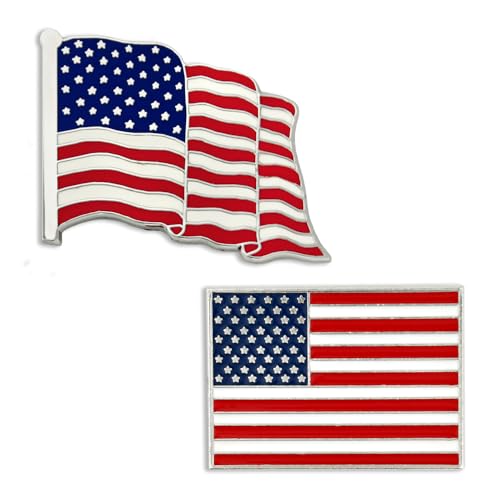 PinMart American Flag Lapel Pins - Set of 2 – Made in USA – Brass with Hard Enamel – Gold-colored & Nickel-Plated – 7/8"x5/8" & 1"x3/4" – Clutch Back – Ideal for Hats, Lapels & Gifts - color: Nickel Plated