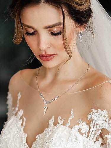SWEETV Jewelry Set for Women, Cubic Zirconia Marquise Vine Cluster Bridal Earrings and Necklace Set, Bridal Jewelry Set for Wedding Prom - color: S09 Silver