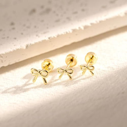 3 Pair Tiny Flat Back Earrings for Women - 14K Gold/White Gold Plated Dainty Cute Small Screw Flatback Stud Earring, Everyday Wear Gift - color: Bow Flat-4/5/6mm Gold