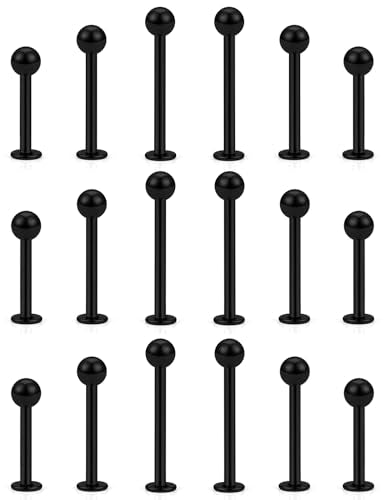 20G 18G 16G 14G 12G Lip Labret Medusa Monroe Rings Studs 316L Surgical Steel Flat Back Tragus Helix Cartilage Earring Stud Piercing Jewelry Bar Length 8mm 10mm 12mm Mix Color 18PCS - color: Black, size: 16G(1.2mm)-8/10/12mm Bars-3mm Balls