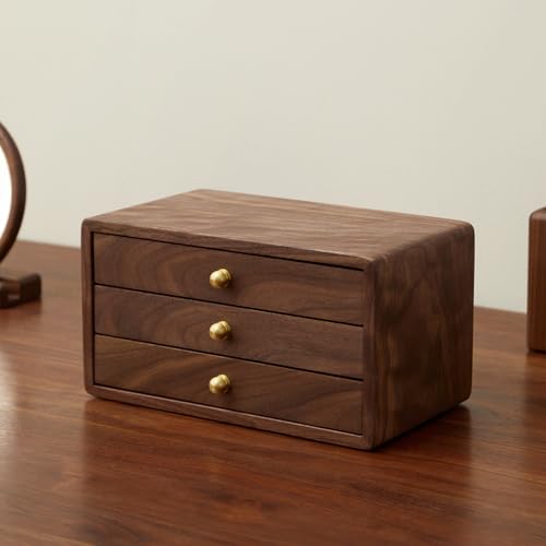 Wooden Jewelry Box, Large, Black Walnut Wood | For Women & Men, Velvet Lined Organizer, 3 Drawers, Brass Handles, Earring Ring Necklace Storage - size: 3 drawers