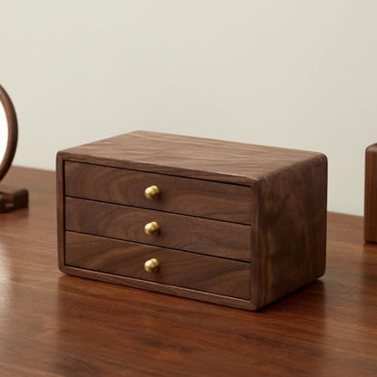 Wooden Jewelry Box, Large, Black Walnut Wood | For Women & Men, Velvet Lined Organizer, 3 Drawers, Brass Handles, Earring Ring Necklace Storage - size: 3 drawers