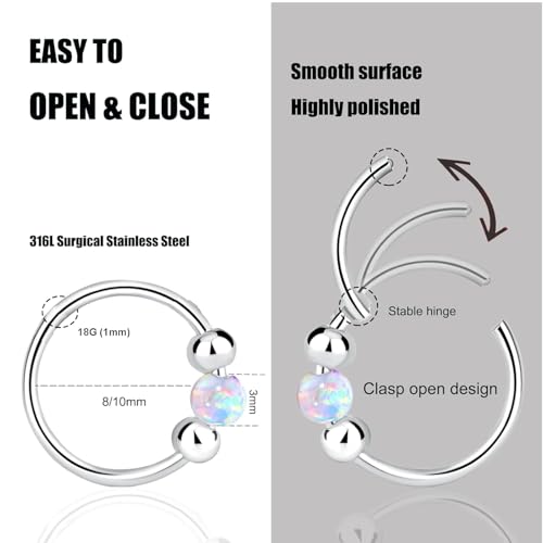 2 Pcs Small Cartilage Hoop Earrings for Women Men, 18G Opal Silver Earrings Hypoallergenic 316L Surgical Steel Hinge Huggie Hoop Earrings for Helix,Tragus,Conch,Rook,Earlobe Piercing Jewelry Nose Ring - style: 1Pc8mm+1Pc10mm Pink Opal/Silver