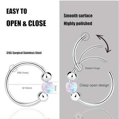 2 Pcs Small Cartilage Hoop Earrings for Women Men, 18G Opal Silver Earrings Hypoallergenic 316L Surgical Steel Hinge Huggie Hoop Earrings for Helix,Tragus,Conch,Rook,Earlobe Piercing Jewelry Nose Ring - style: 1Pc8mm+1Pc10mm Pink Opal/Silver