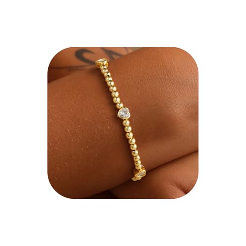 M MOOHAM Gold Beaded Charm Bracelets for Women Girls Non Tarnish | 14K Gold Plated, Dainty CZ Heart Smile Face Cross Charm Stretch Bead Bracelet for Women Teenage Teen Girls - color: Heart CZ