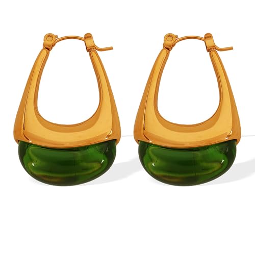 Chunky Gold Boho Hoop Dangle Earrings for Women Gold Plated Hypoallergenic Vintage Stainless Steel Resin Drop Prom Earrings Summer Prom Maximalist Jewelry Gift - color: Teardrop/Emerald Green