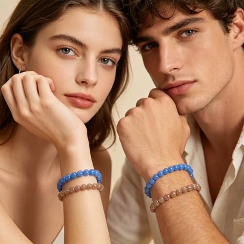 2PCS Agate Bracelet for Women Men Natural Round Beaded Agates Stone Healing Stretch Bracelets Elastic Handmade Polished Gemstone Beads Bracelet - color: Blue+Grey Obsidian, size: 6mm Beads