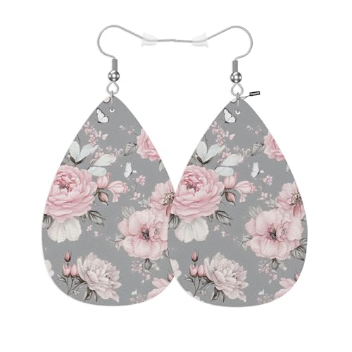 Pink Roses Woman Earrings, Watercolor Grey Blossom Rose Lightweight Leather Dangle Teardrop Earrings Jewelry For Ladies Friends - color: Pink Roses