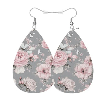 Pink Roses Woman Earrings, Watercolor Grey Blossom Rose Lightweight Leather Dangle Teardrop Earrings Jewelry For Ladies Friends - color: Pink Roses