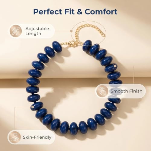 Chunky Beaded Statement Necklace for Women, Colorful Rondelle Bead, Bohemian Style, Adjustable Length, Summer Beach Accessory - color: Navy Blue