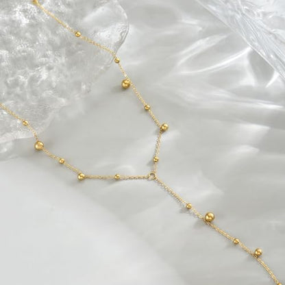 18K Gold Plated Minimalist Drop Y-Shaped Necklace for Women | Simple Lariat Necklace, Minimalist Everyday Jewelry,Y-Shaped Necklace - style: Y Bead Dangle-Gold