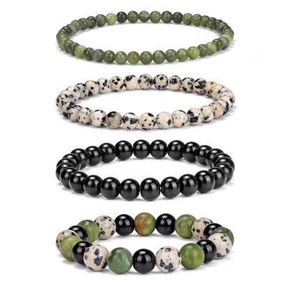 Vinswet 4pcs Beaded Bracelets for Women,Natural Healing Crystal Gemstones Bracelet,Anxiety Stress Relief Bracelet Handmade purple Jewelry Gifts for Women - color: Southern jade&Dalmatian Jasper&Black Obsidian
