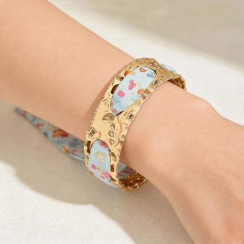 Gold Cuff Bracelets for Women, Boho Western Scarf Bracelet with Ribbon Bow, Adjustable Open Bangle Hair Tie Bracelet, Blue Paisley Bandana Wrist Cuff, Stainless Steel Vacation Festival Jewelry - color: a4:pink