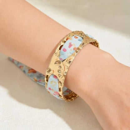 Gold Cuff Bracelets for Women, Boho Western Scarf Bracelet with Ribbon Bow, Adjustable Open Bangle Hair Tie Bracelet, Blue Paisley Bandana Wrist Cuff, Stainless Steel Vacation Festival Jewelry - color: a4:pink