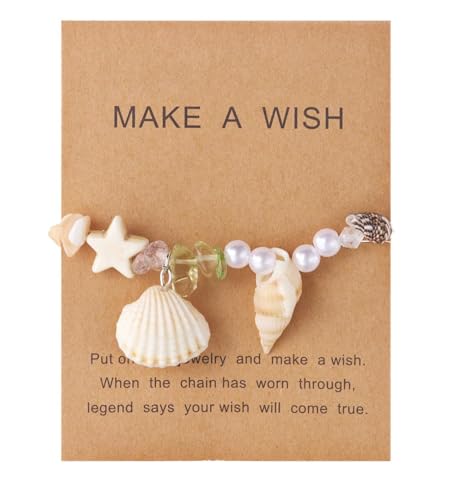Handmade Natural Shell Starfish Beads Bracelets with a Wish Card Bohemia Sweet Seashell Conch Pearl Charm Bracelets for Women Boho Sea Themed Summer Beach Surfer Vacation Jewelry Gifts - style: StyleH