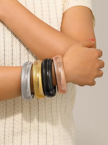 KeyStyle Bangle Bracelets For Women, Stainless Steel Stretch Bracelet Wide | 14K Gold/Rose Gold/Black/Silver Plated Flexible Wide Twisted Link Chain Wristband Jewelry, 10Mm, 16Mm, 20Mm - color: 20mm - Rose Gold