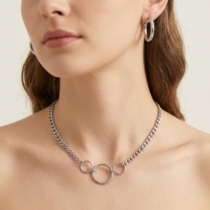 Stainless Steel O-Ring Choker Collar for Women, Silver Collar Necklace | Cuban Link Chain Collar Necklace for Women, Adjustable Length 14 to 17 Inches, 8mm Width, 20mm Large O-Ring Collar for Women