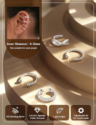 LOLIAS 925 Sterling Silver Ear Cuffs Non Piercing - 14K Gold Plated Ear Cuff Earrings for Women Adjustable Clip on Cartialge Earrings Non Pierced Fake Earring Stacks - color: Silver-Cross Style